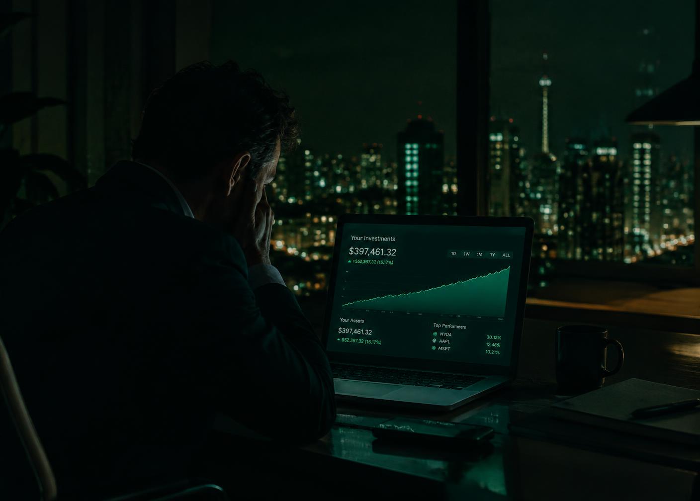 Executivo sozinho à noite olhando o saldo dos investimentos